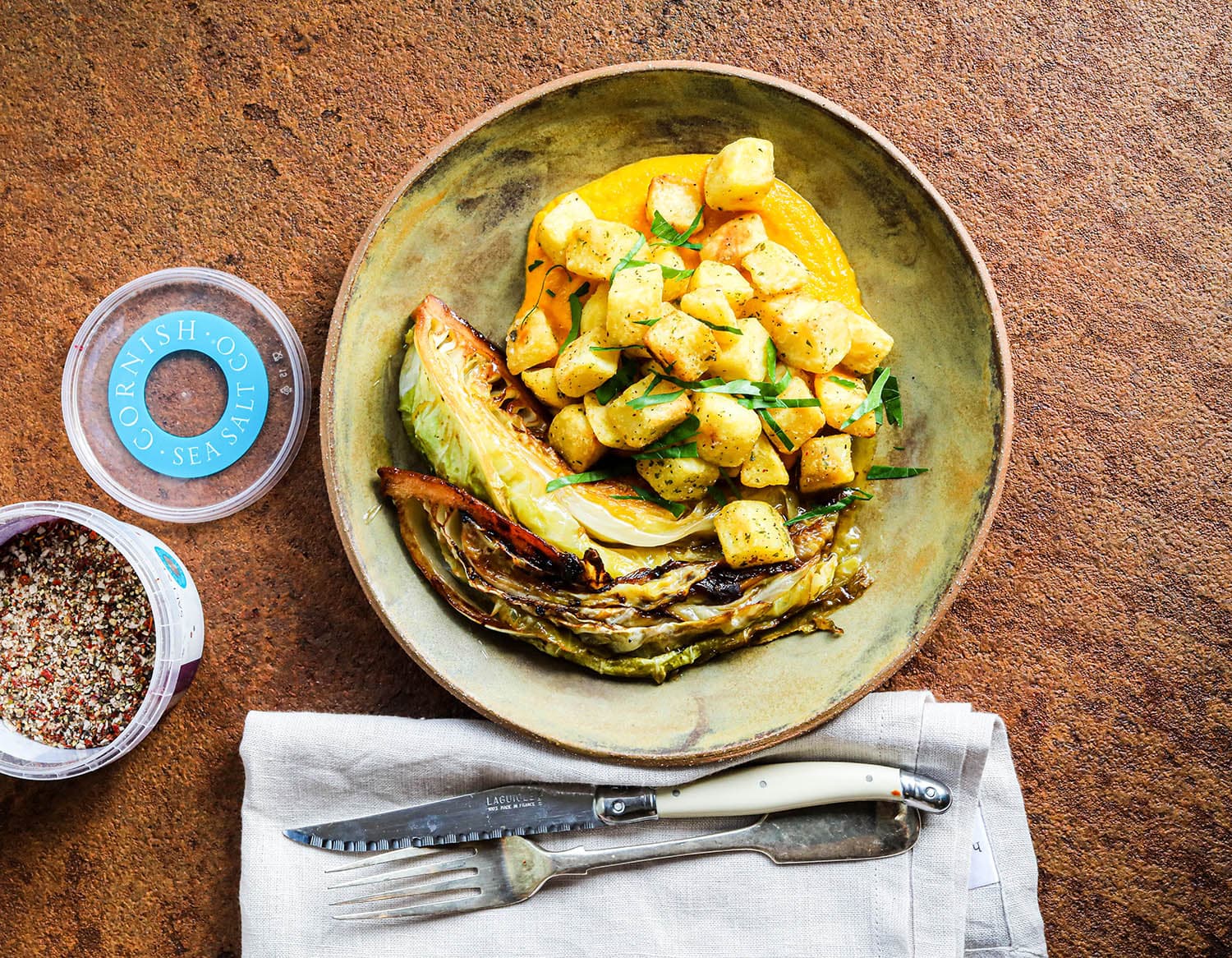 Braised Hispi Cabbage and Roasted Potato with Sea Salt and Peppery 