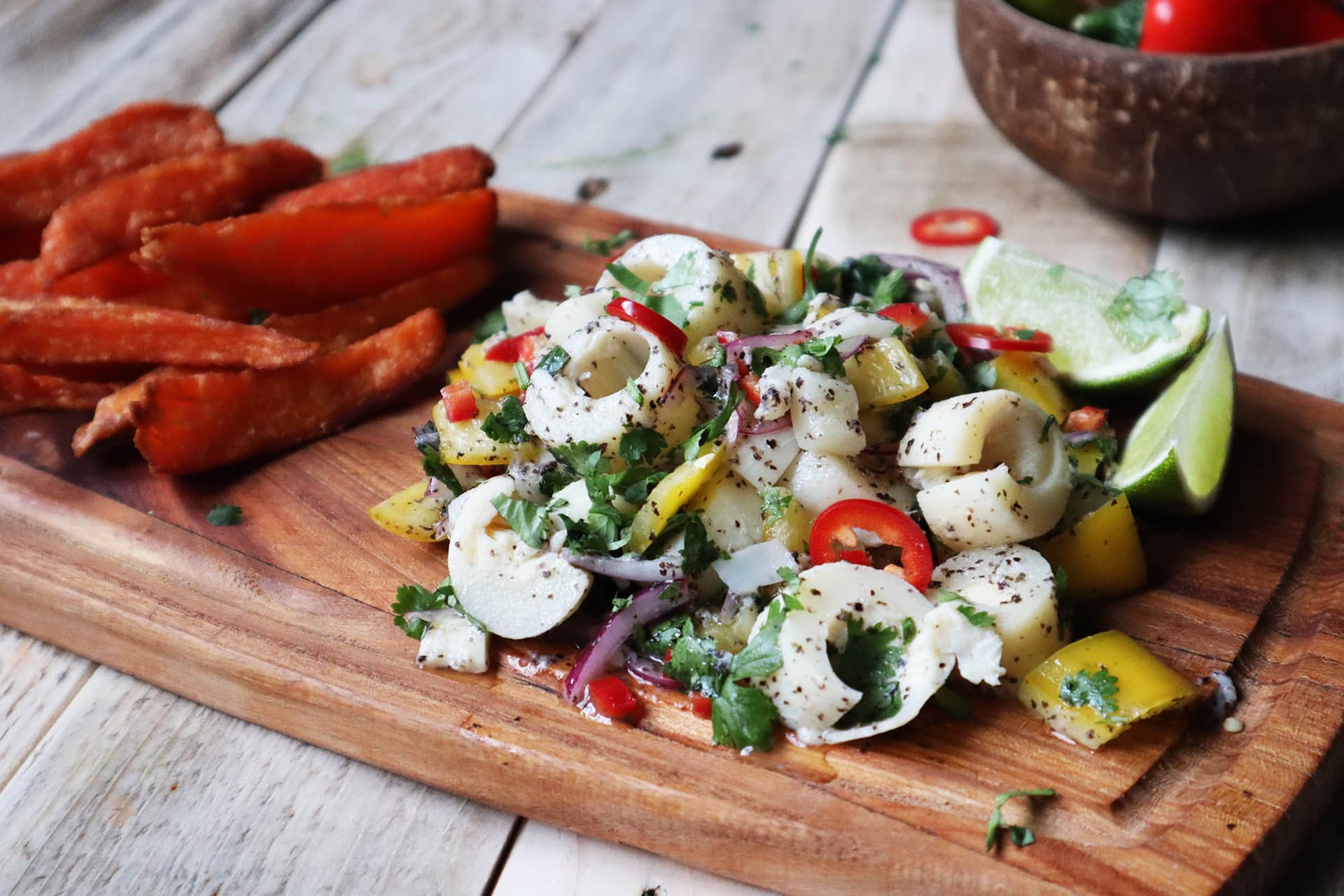 Vegan Ceviche with sweet potato wedges